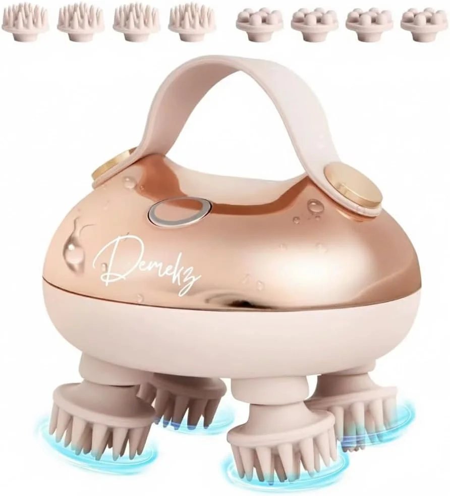 ماساژور سر شارژی، ماساژور سر برای رفع استرس، خراشنده موی دستی ضد آب 5 در 1 با 8 چنگال ماساژ قابل جابجایی، هدیه ماساژور گربه، لایه برداری و تمیز کردن پوست سر.