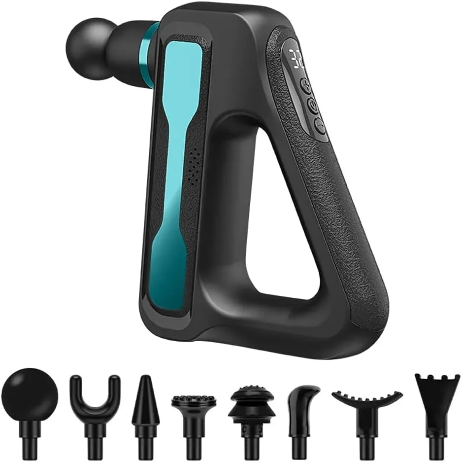 ماساژور بافت عمیق فاسیال - ماساژور عضلانی برقی برای تسکین درد بدن، درمان، ریلکسیشن تناسب اندام، مینی دستی قابل حمل با صفحه نمایش LCD، 32 سطح سرعت و 8 سر ماساژ مختلف