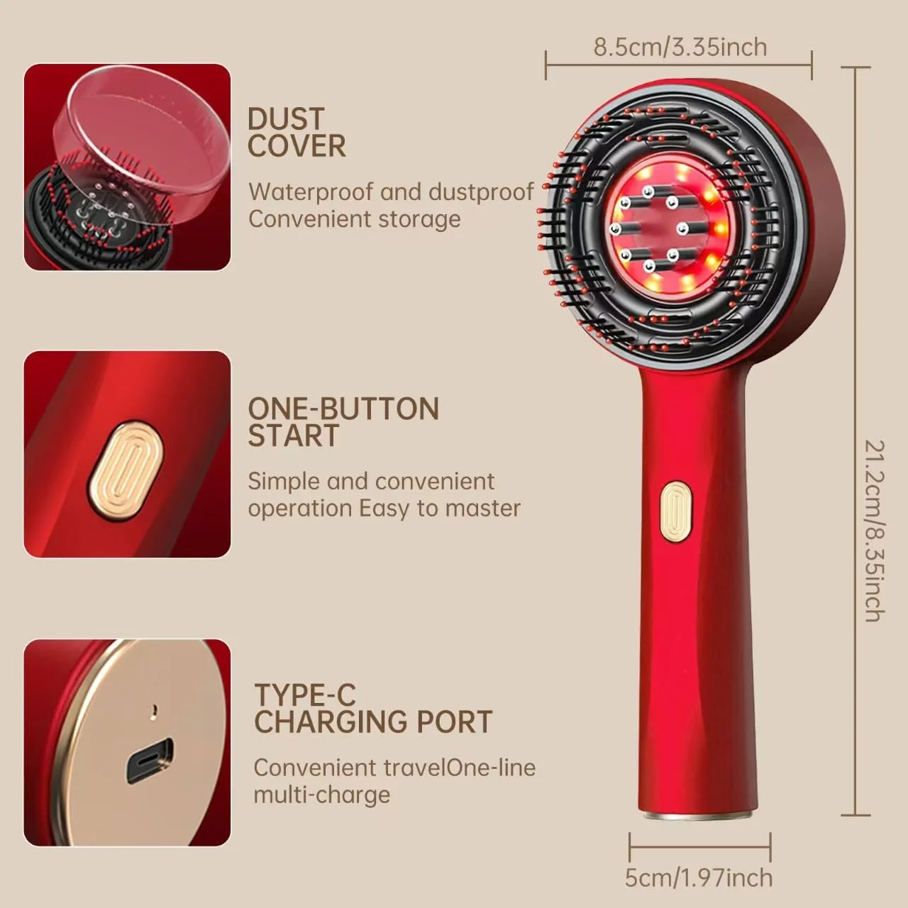 برس ماساژور برقی مو، اپلیکاتور روغن مو، ماساژور سر برقی بی سیم، ماساژور عمیق پوست سر ضد آب IPX7 برای رشد مو، نور درمانی قرمز 650 نانومتری (قرمز)