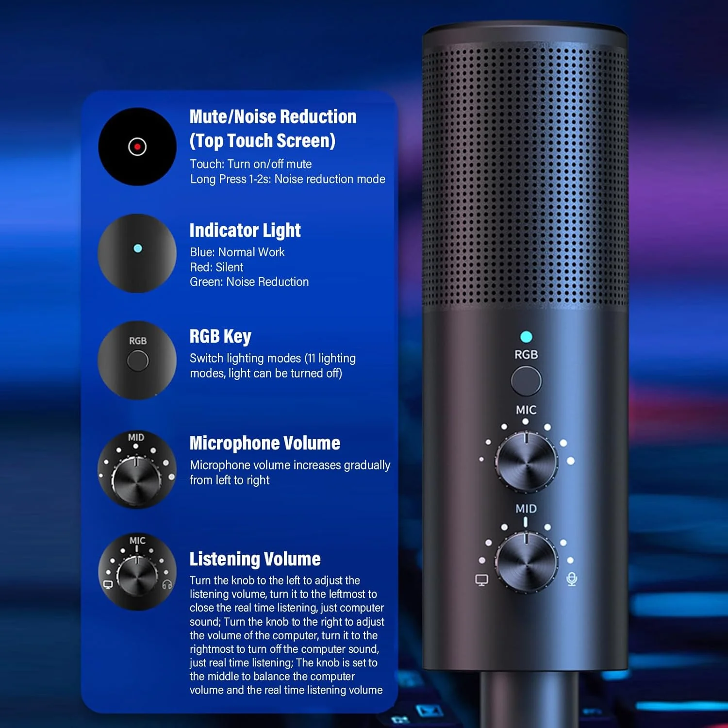 میکروفون USB 192kHz/24Bit با نورپردازی RGB، میکروفون کاندنسر کاردیوئید برای بازی، پخش زنده، ضبط