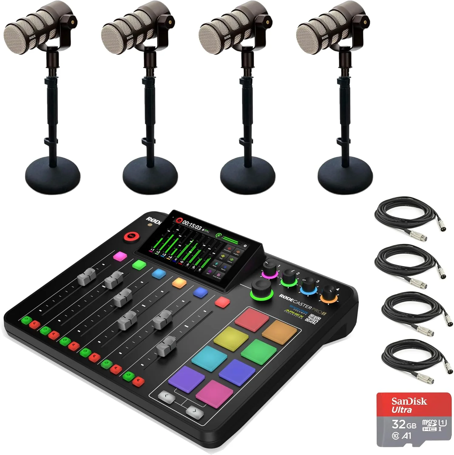 کنسول تولید صدای یکپارچه Rode RODECaster Pro II به همراه 4 عدد میکروفون پادکستینگ داینامیک Rode PodMic، پایه میکروفون رومیزی DS1، کارت حافظه SanDisk microSD 32GB، کابل های XLR و پارچه StreamEye