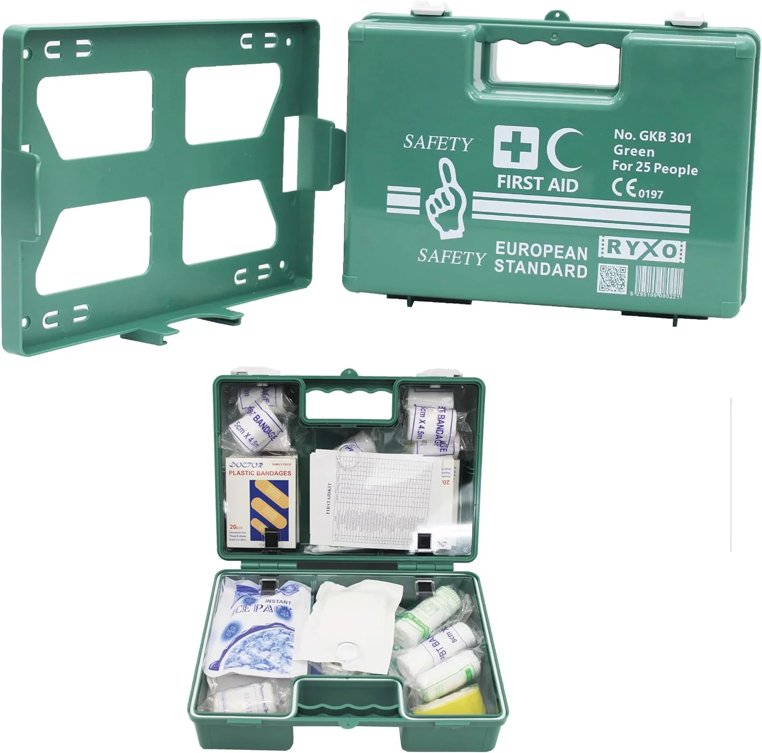 جعبه کمک های اولیه - مناسب برای 25 نفر (کوچک) | پلاستیک ABS مقاوم | دارای براکت نصب دیواری و استیکر دیواری | سبز | استاندارد اروپا | ایمنی رکسو | کلیروی