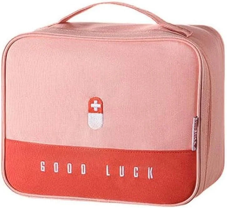 کیف کمک های اولیه تزویق، کیف خالی دارو مسافرتی، کیف بزرگ زیپ دار آکسفورد، نگهدارنده لوازم بقا پزشکی، سازمان دهنده بسته قرص و داروی دستی با 5 جیب + 1 نگهدارنده اصلی، 20x20x13 سانتی متر (صورتی)