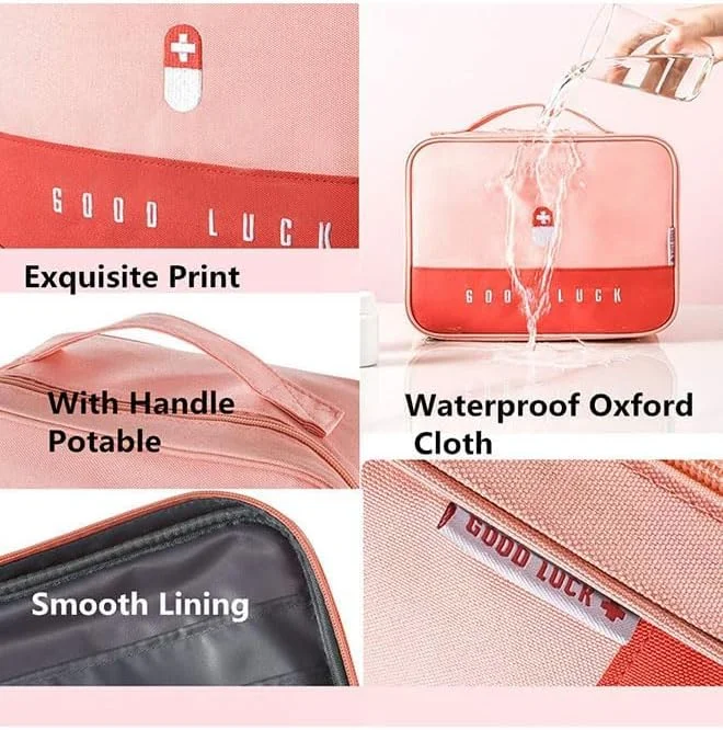 کیف کمک های اولیه تزویق، کیف خالی دارو مسافرتی، کیف بزرگ زیپ دار آکسفورد، نگهدارنده لوازم بقا پزشکی، سازمان دهنده بسته قرص و داروی دستی با 5 جیب + 1 نگهدارنده اصلی، 20x20x13 سانتی متر (صورتی)