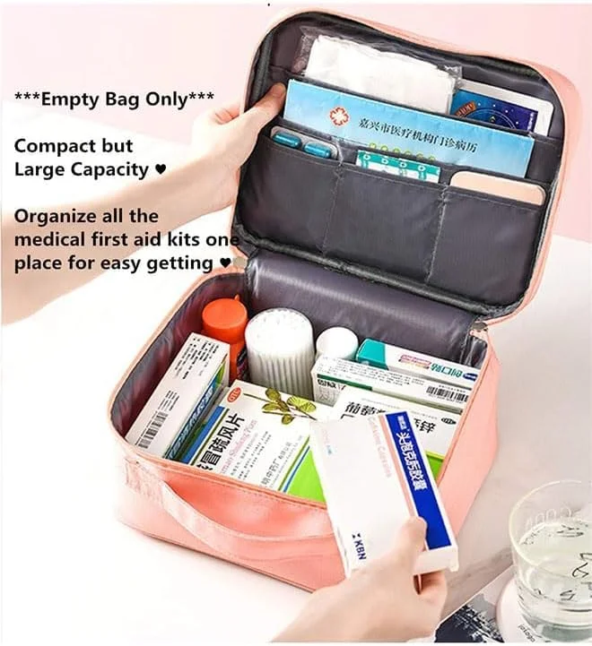 کیف کمک های اولیه تزویق، کیف خالی دارو مسافرتی، کیف بزرگ زیپ دار آکسفورد، نگهدارنده لوازم بقا پزشکی، سازمان دهنده بسته قرص و داروی دستی با 5 جیب + 1 نگهدارنده اصلی، 20x20x13 سانتی متر (صورتی)