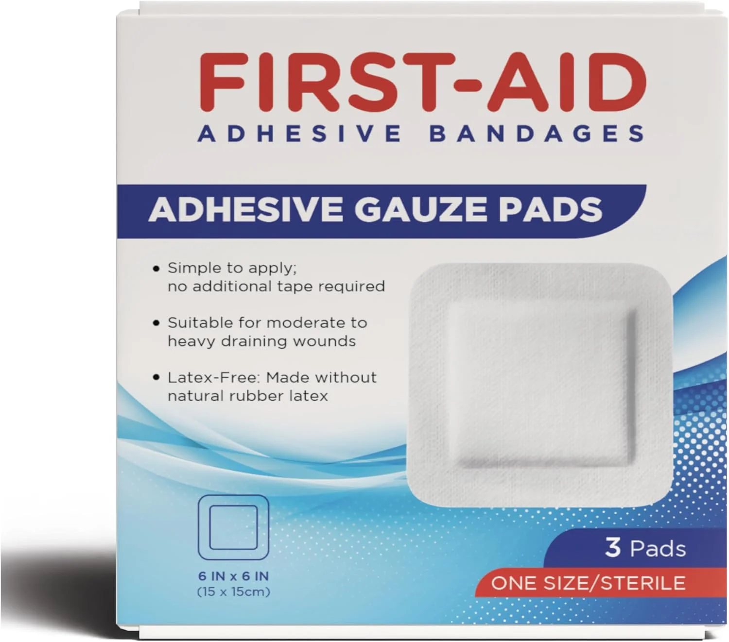 پدهای گاز چسب دار کمک های اولیه 15cm × 15cm - پدهای پانسمان استریل و بدون لاتکس برای زخم های متوسط ​​تا سنگین - 3 پد در هر بسته