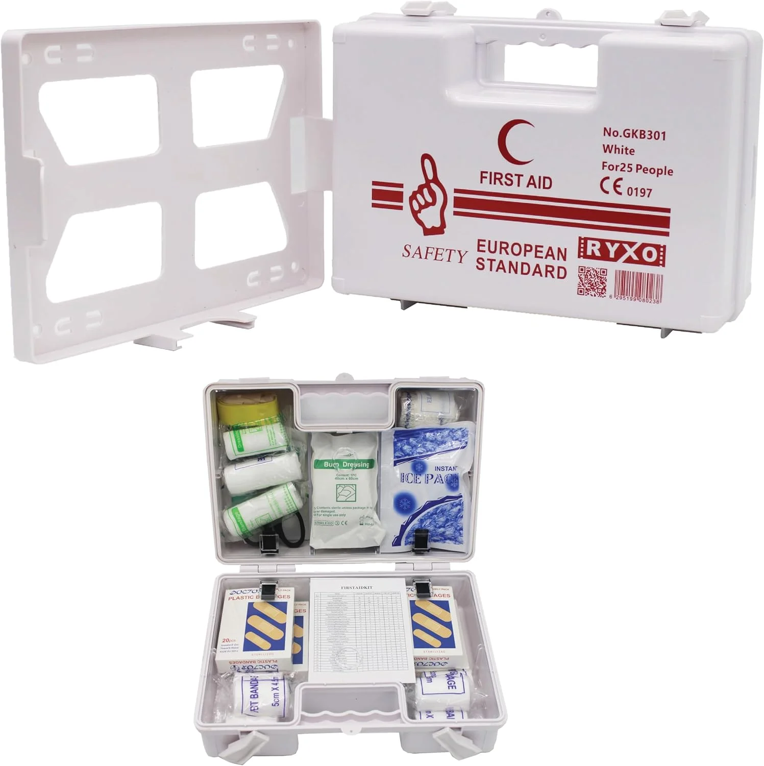 جعبه کمک های اولیه - مناسب برای 25 نفر (کوچک) | پلاستیک ABS مقاوم | دارای براکت نصب دیواری و استیکر دیواری | سفید | استاندارد اروپا | ایمنی RYXO | CLEARWAY