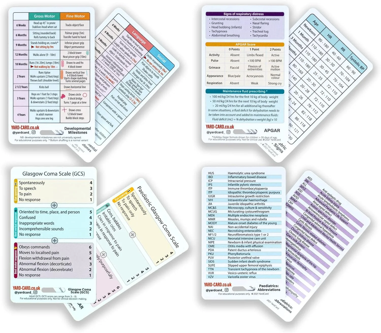 کارت های بند گردنی پرستاری کودکان | نقاط عطف رشدی، علائم حیاتی، اختصارات، GCS و موارد دیگر (PVC)