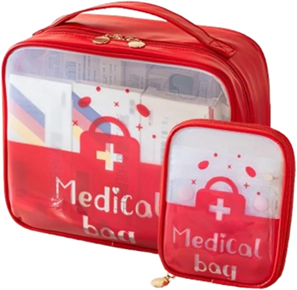 کیف کمک های اولیه 2 عددی، کیف مسافرتی مدیریت قرص، سازمان دهنده نگهداری دارو، کیف بزرگ قابل حمل دارو برای کمپینگ خانگی و مسافرت (قرمز)