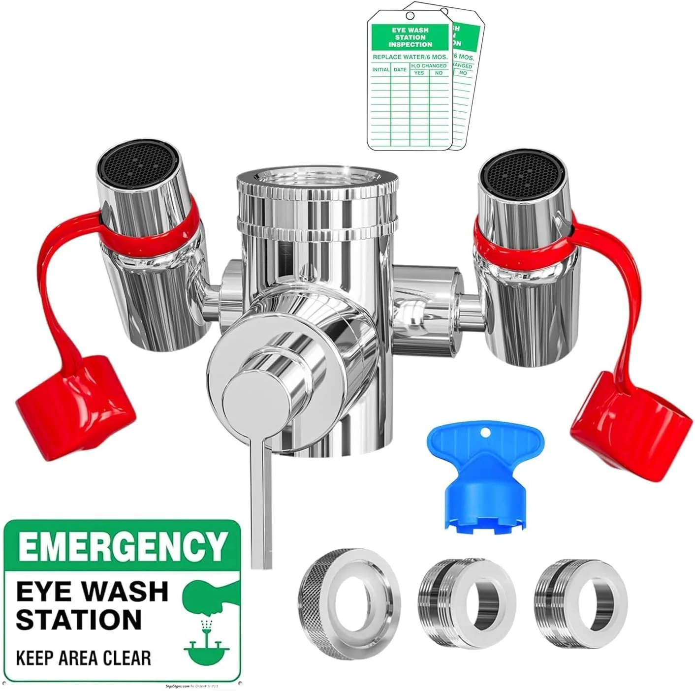 کیت شستشوی چشم TidyFriend - اتصال ایستگاه شستشوی چشم اضطراری نصب شده روی شیر آب - 1 عدد ایستگاه شستشوی چشم با جریان مداوم، 3 عدد آداپتور سینک معمولی، 2 عدد برچسب بازرسی، 1 عدد تابلوی ایستگاه شستشوی چشم اضطراری