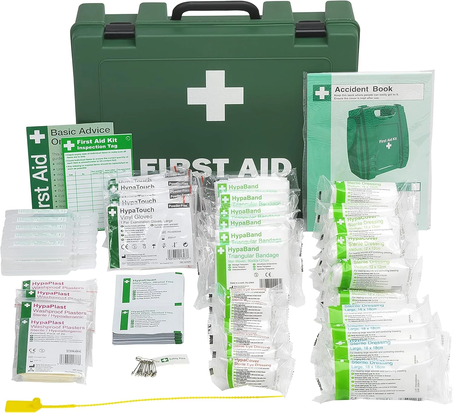 جعبه کمک های اولیه بزرگ گروه ایمنی اولیه محل کار (مناسب 21 تا 50 نفر) مطابق با HSE با برچسب های بازرسی، دفترچه حوادث، براکت دیواری، چسب زخم اضافی