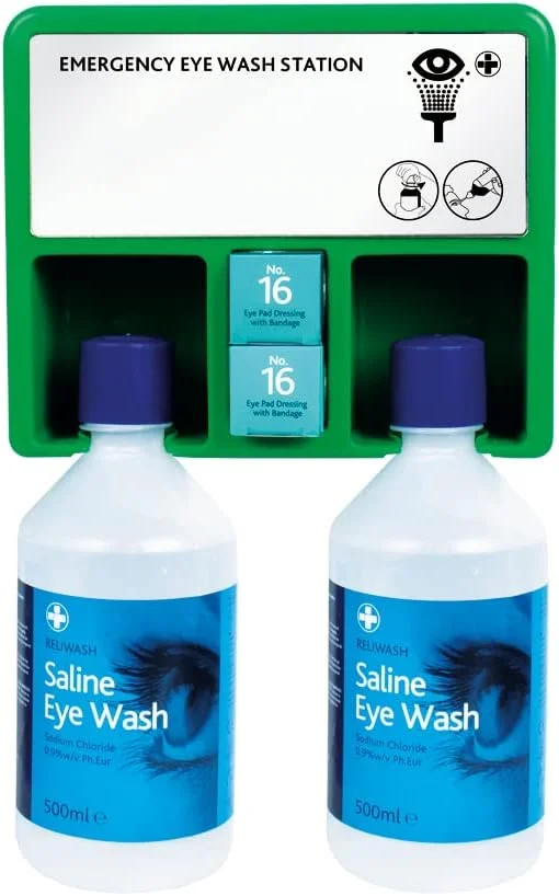 محلول شستشوی چشم استریل سالین اورژانسی Reliance Medical - ست کامل مراقبت از چشم، 2 عدد شستشوی چشم و آینه، ایستگاه شستشوی چشم دو منظوره، ایده آل برای مشکلات جزئی چشم و تحریک