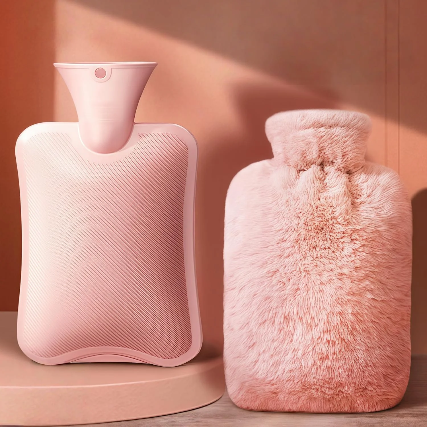 کیسه آب گرم 500 میلی لیتری با روکش پشمی نرم - کیسه PVC برای تسکین درد گرفتگی های قاعدگی، گرم نگه داشتن گردن و پاها، بدون BPA و ضد نشت، صورتی