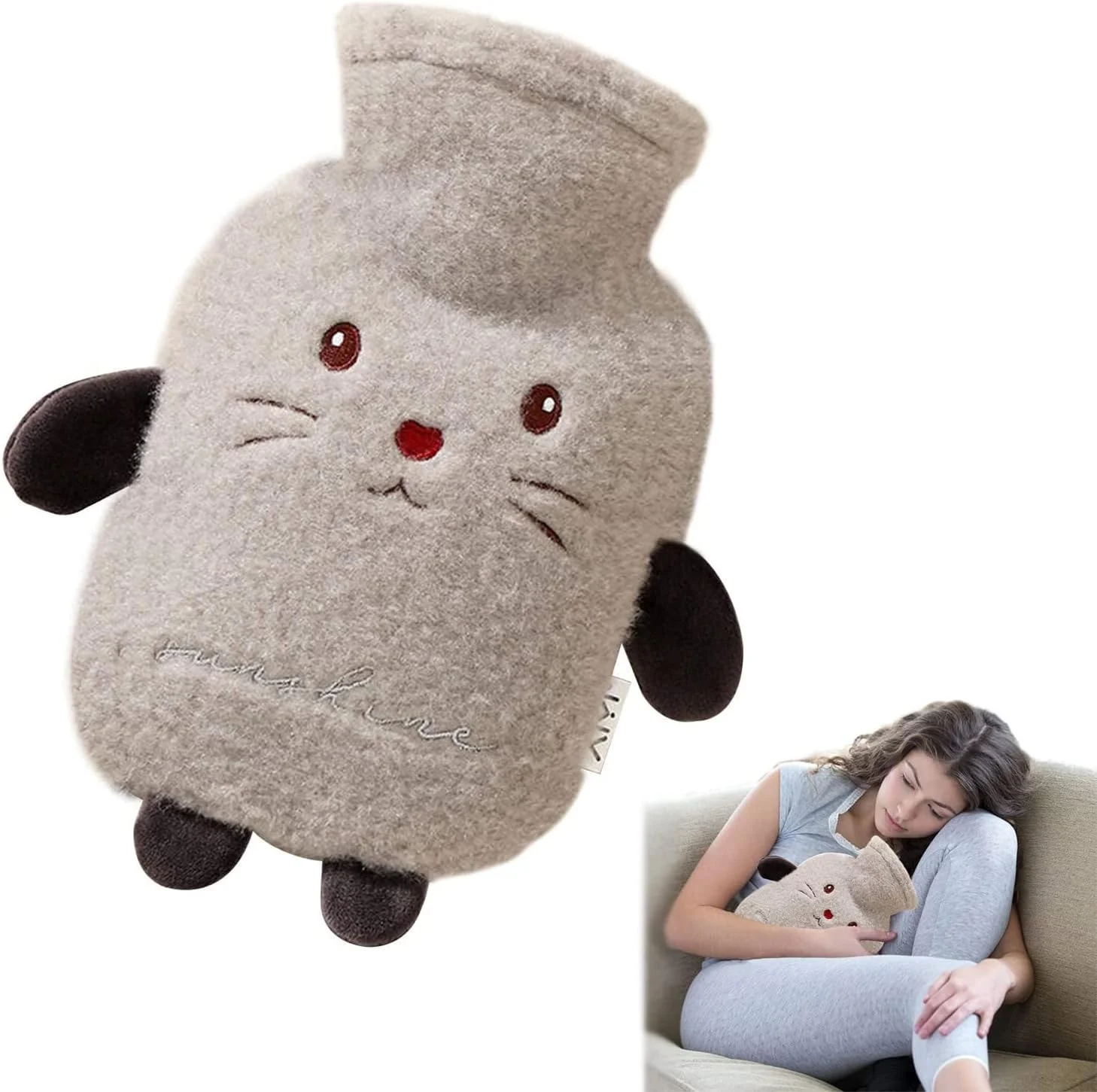 بطری آب گرم آزونی با کاور، 1 لیتری، کرکی نرم، کیسه آب گرم پشمی قابل شستشو برای کمر، گردن، پاها، کودکان، نوزادان و بزرگسالان، بهترین هدیه زمستانی (خاکستری)