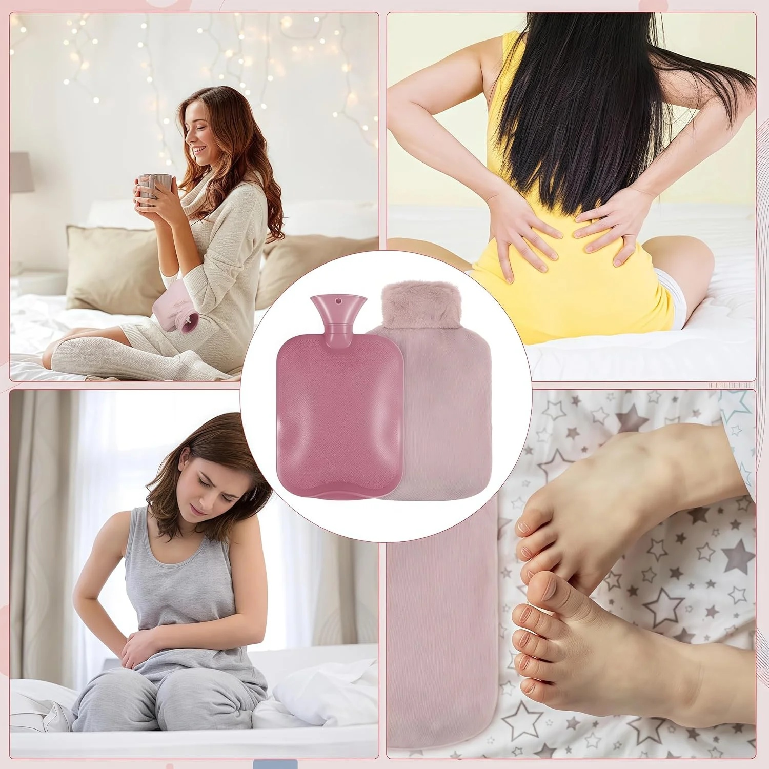 کیسه آب گرم 500 میلی لیتری با روکش پشمی نرم - کیسه PVC برای تسکین درد گرفتگی های قاعدگی، گرم نگه داشتن گردن و پاها، بدون BPA و ضد نشت، صورتی