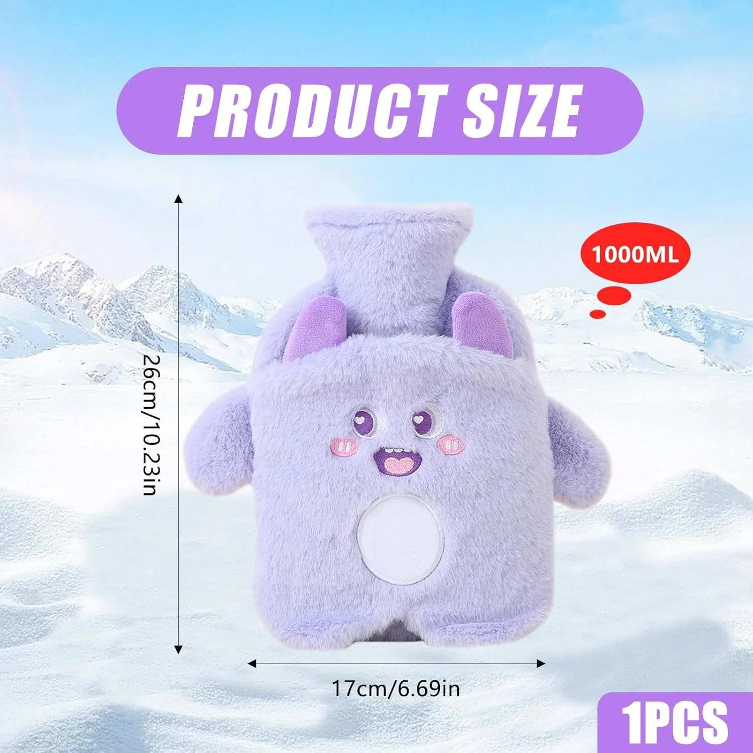 کیسه آب گرم 1 لیتری با جیب دستی، طرح حیوانات هیولایی بامزه، کیسه آب گرم با روکش نرم برای کودکان، گرم کننده ایده آل دست و پا برای تسکین درد گردن و شانه، بنفش