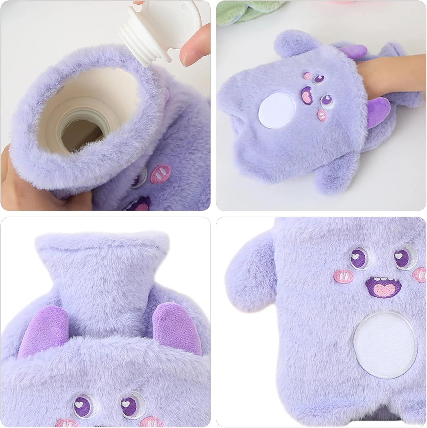 کیسه آب گرم 1 لیتری با جیب دستی، طرح حیوانات هیولایی بامزه، کیسه آب گرم با روکش نرم برای کودکان، گرم کننده ایده آل دست و پا برای تسکین درد گردن و شانه، بنفش