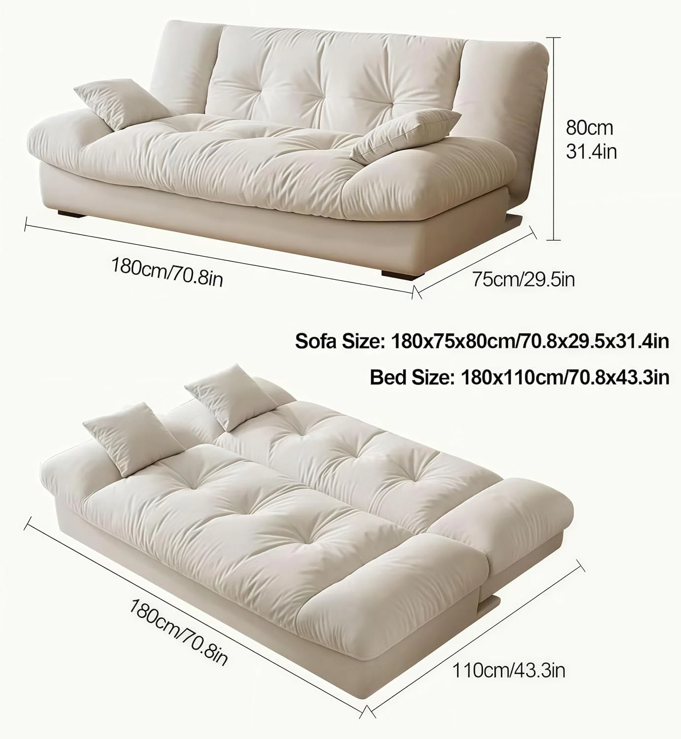 تختخواب شو مبلی ابری – مبل فوتون تاشو 2 در 1 با کوسن، طراحی مدرن و مینیمال، روکش مخملی نرم، مبل تختخواب شو جمع و جور برای اتاق نشیمن، اتاق مهمان یا آپارتمان