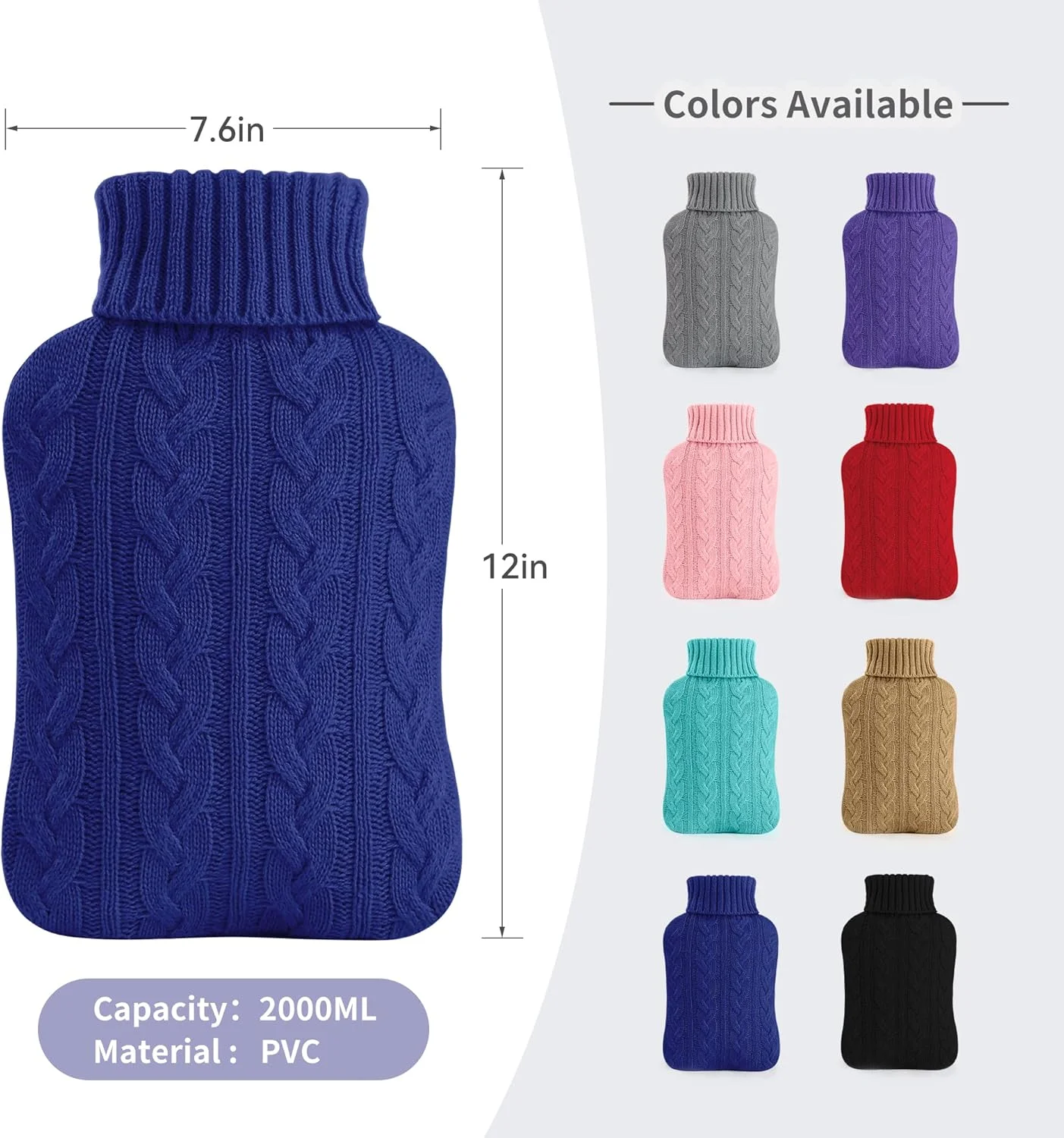 کیسه آب گرم شفاف Samply - کیسه آب 2 لیتری با روکش بافتنی، سرمه ای