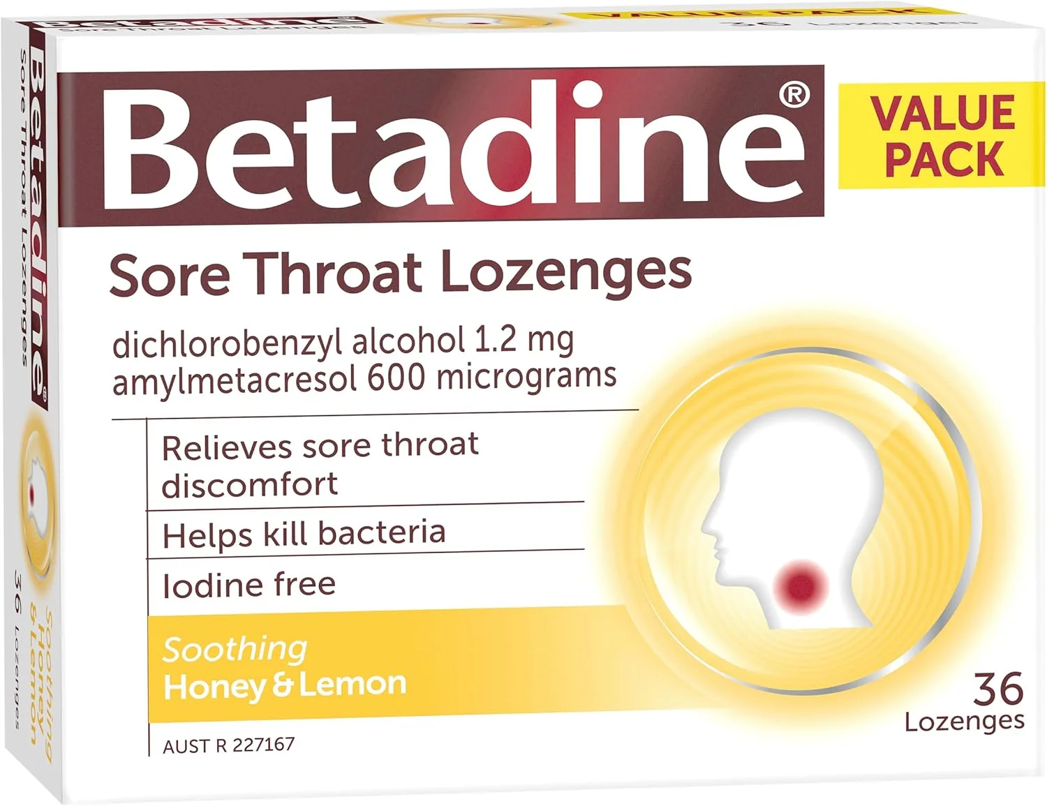 قرص مکیدنی گلو درد بتادین - تسکین دهنده با طعم عسل و لیمو