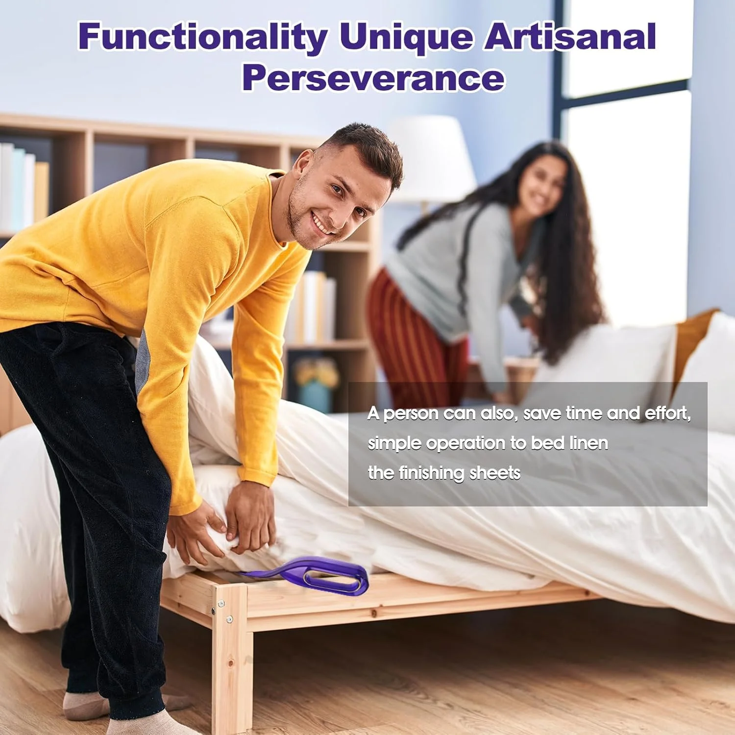 ابزار مرتب کننده تخت و بلند کننده تشک، ابزار مرتب کننده تخت 2 در 1 برای بلند کردن تشک و مرتب کردن ملحفه، به راحتی تشک را برای تعویض ملحفه بلند و نگه دارید، به راحتی ملحفه های کش دار و تخت را مرتب کنید (2 عدد، بنفش)