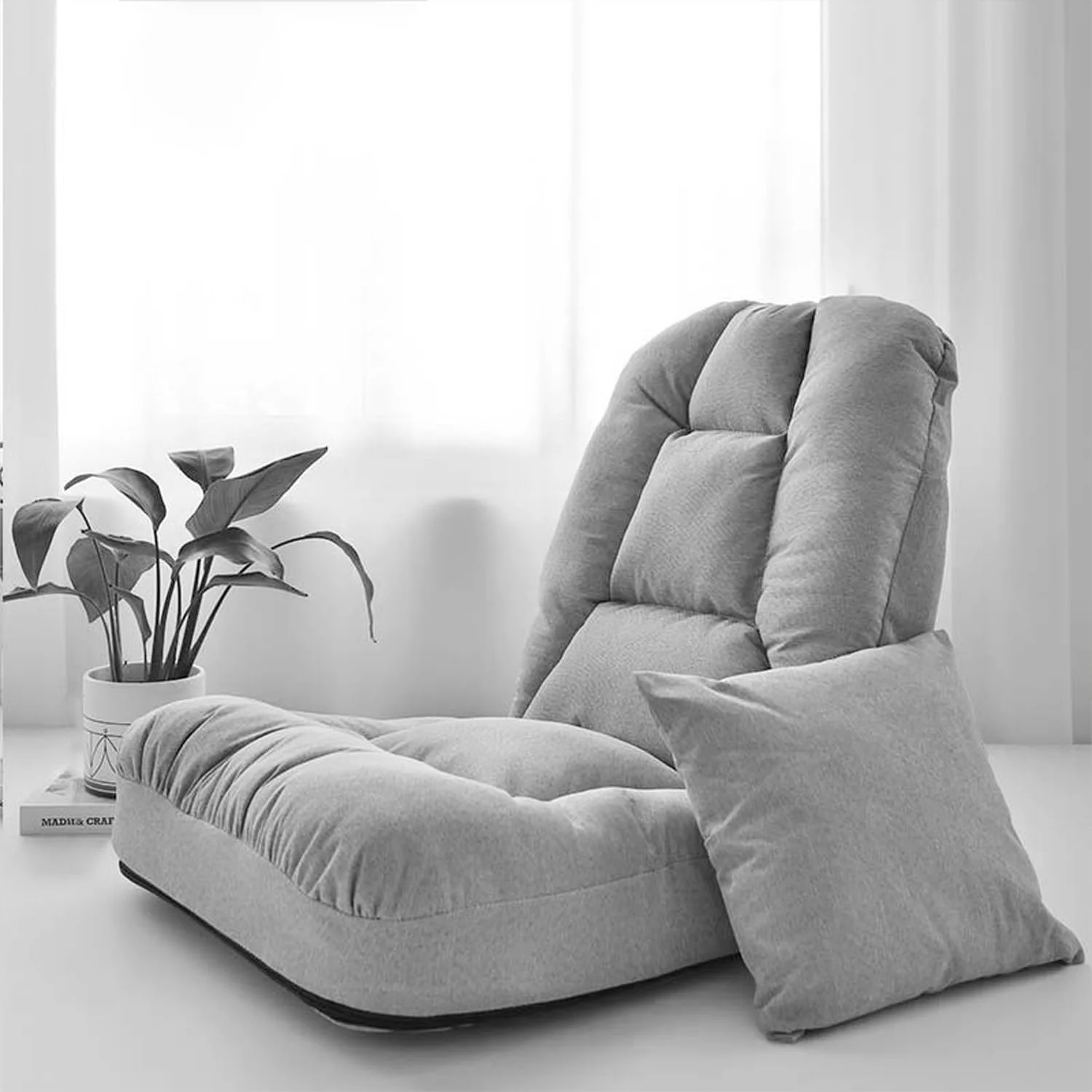 صندلی زمینی قابل تنظیم GGEROU با پشتی، مبل تنبل زمینی با پارچه نرم شنیل، صندلی بازی زمینی با کوسن منگوله دار، صندلی استراحت برای مطالعه، مدیتیشن، خوابیدن (خاکستری)