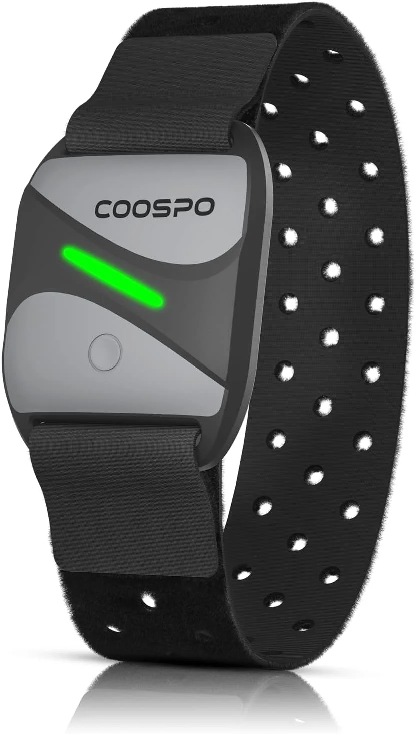 بازوبند ضربان قلب COOSPO مدل HW807، بلوتوث 5.0 ANT+ HRM با نشانگر LED محدوده ضربان قلب، ردیابی ضربان قلب HRV برای تمرینات تناسب اندام، سازگار با Peloton/Polar/Wahoo/Strava/Zwift/DDP Yoga