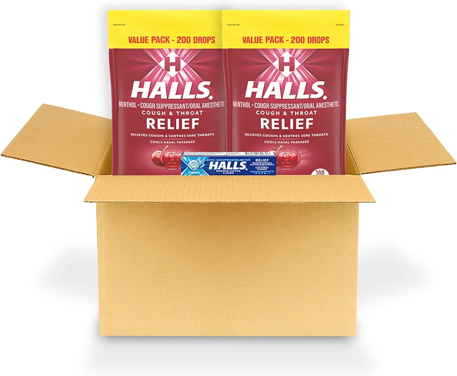 قرص مکیدنی ضد سرفه با طعم گیلاس هالز، 2 بسته ارزشمند 200 عددی (400 عدد در مجموع) + بسته اشانتیون 9 عددی قرص مکیدنی ضد سرفه با طعم اکالیپتوس هالز