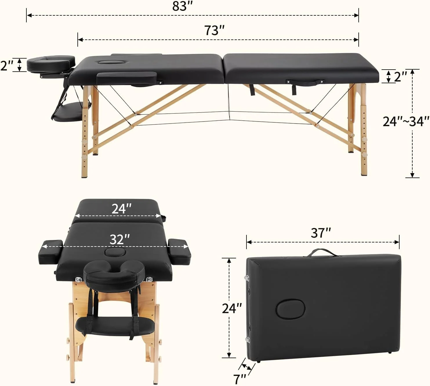 تخت ماساژ قابل حمل، طول 185 سانتی متر، عرض 71 سانتی متر، ارتفاع قابل تنظیم، تاشو، دارای جای صورت و کیف حمل