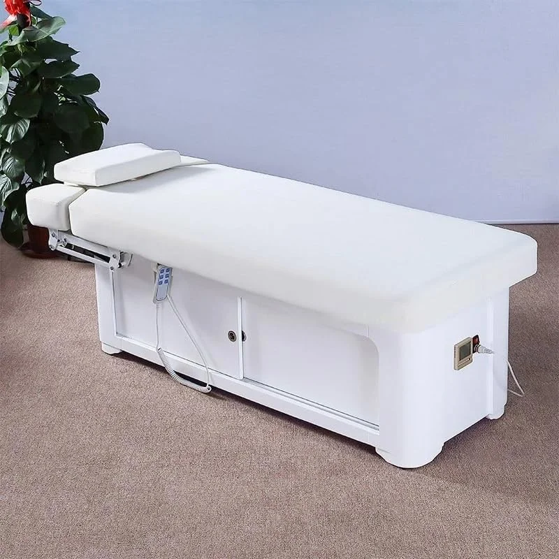 تخت ماساژ برقی با قابلیت تنظیم پشتی، دارای سوراخ‌های تنفسی راحت و سیستم گرمایش با دمای ثابت، تخت ماساژ سفید با محفظه ذخیره سازی