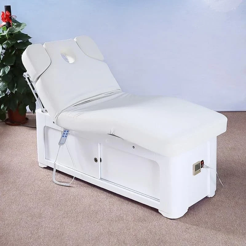 تخت ماساژ برقی با قابلیت تنظیم پشتی، دارای سوراخ‌های تنفسی راحت و سیستم گرمایش با دمای ثابت، تخت ماساژ سفید با محفظه ذخیره سازی
