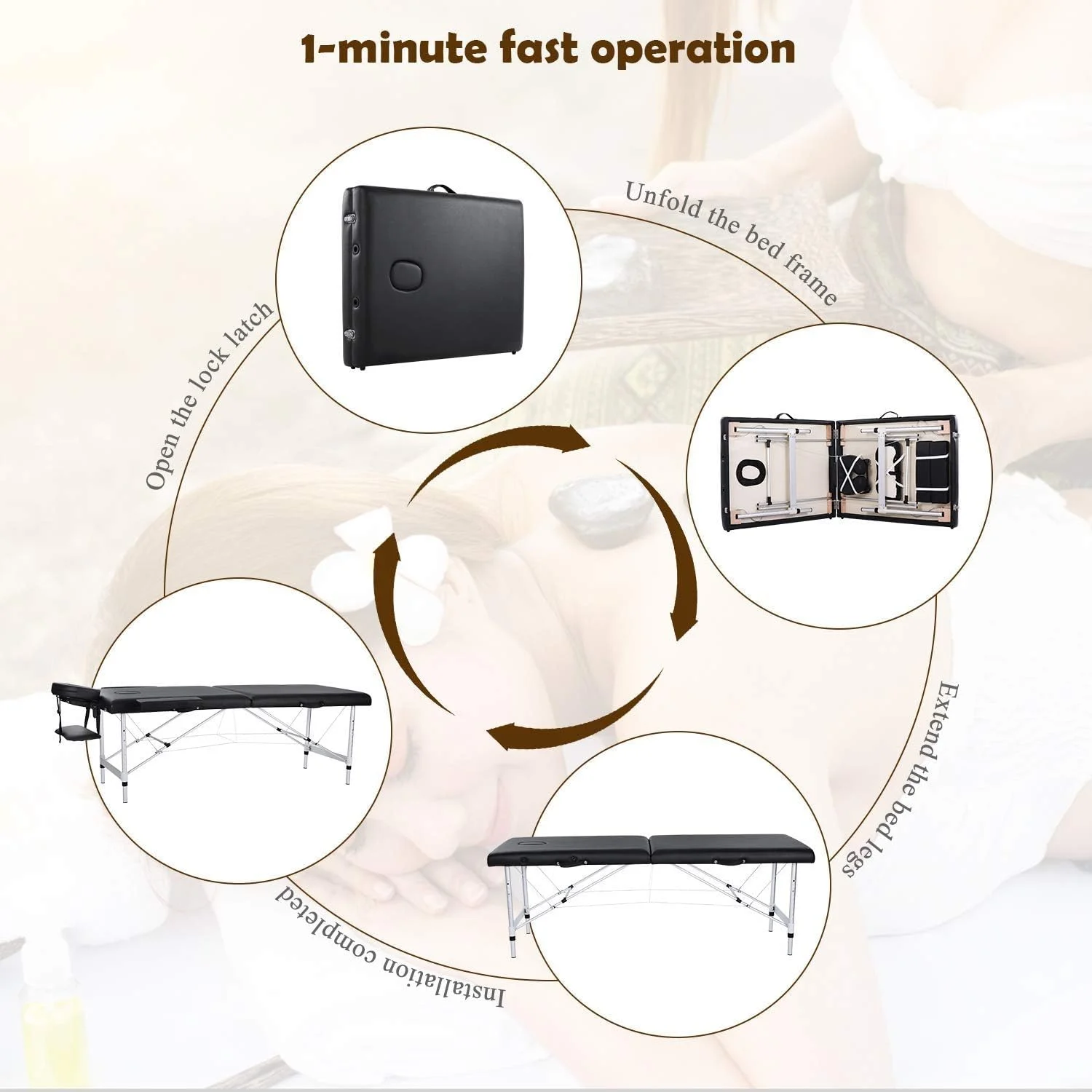 تخت ماساژ تاشو قابل حمل با پایه فولادی، 180x60 سانتی متر، 2 قسمتی با ارتفاع قابل تنظیم، قاب آلومینیومی تخت اسپا با کیف حمل، مشکی