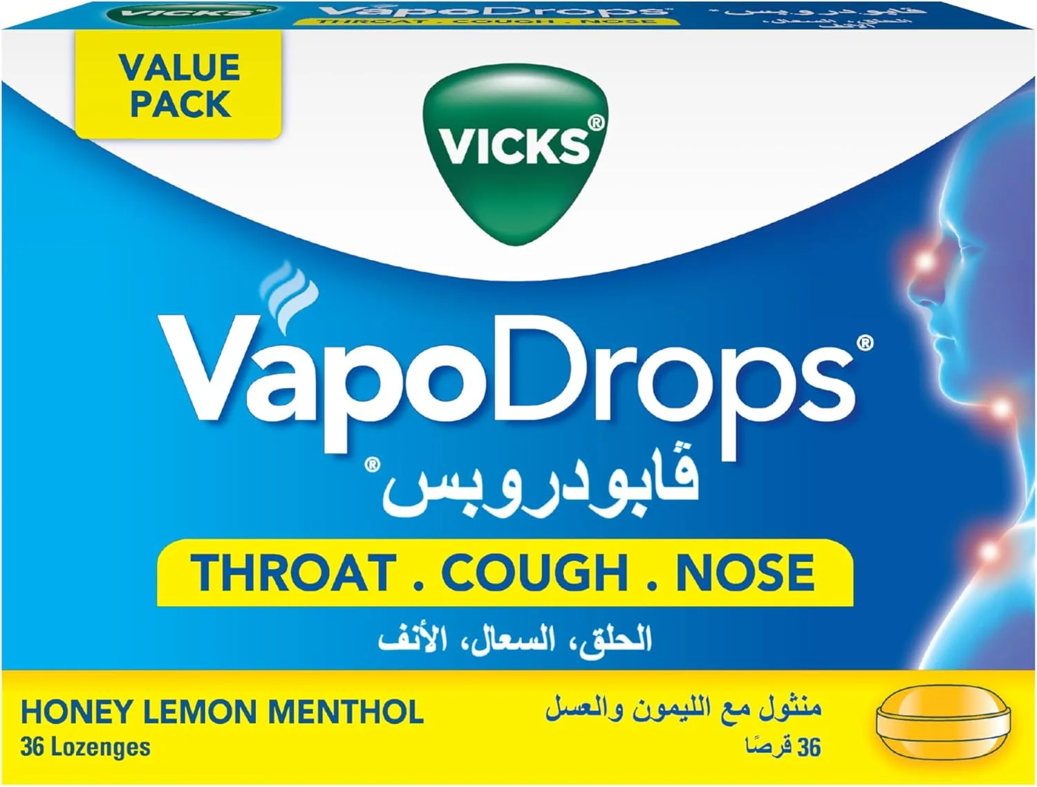 آبنبات سرد ویکس VapoDrops، تسکین دهنده و التیام بخش گلودرد، طعم عسل، لیمو و منتول، 36 عدد
