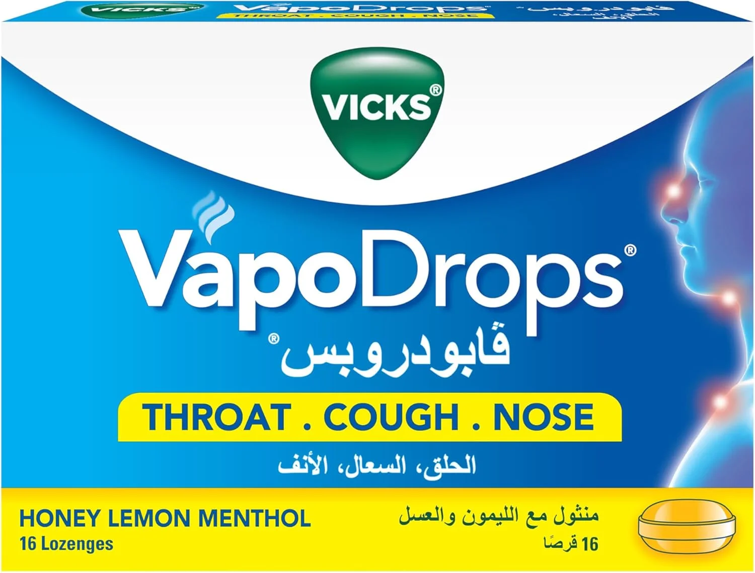 آبنبات سرد ویکس VapoDrops، تسکین دهنده و التیام بخش گلودرد، طعم عسل، لیمو و منتول، 16 عدد