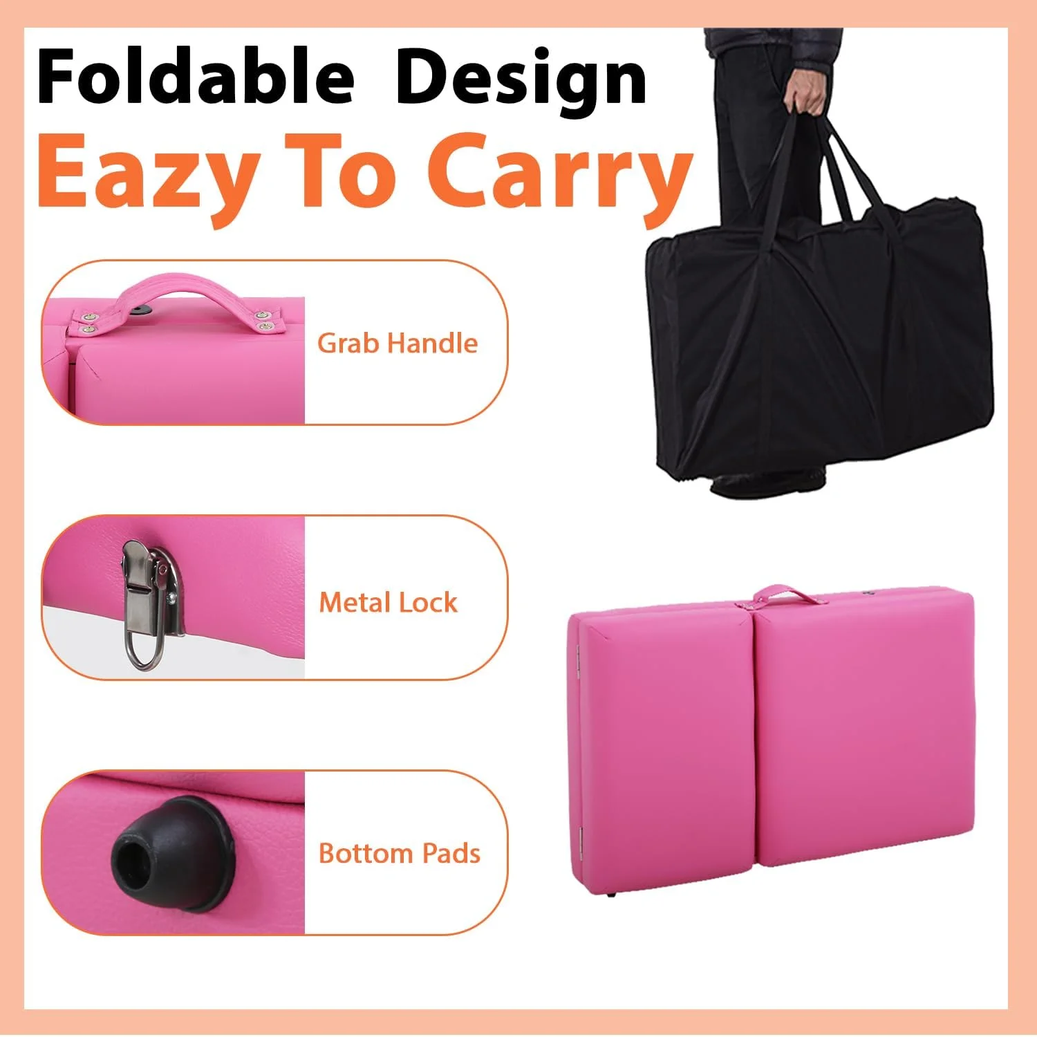 تخت ماساژ تاشو سه قسمتی FDW، تخت قابل حمل، تخت مژه، تخت فیشیال، تخت مخصوص متخصصین زیبایی با قابلیت تنظیم ارتفاع، تخت سالن اسپا به همراه کیف پارچه ای برای اسپا، ماساژ پا، مراقبت از صورت و تتو (صورتی)