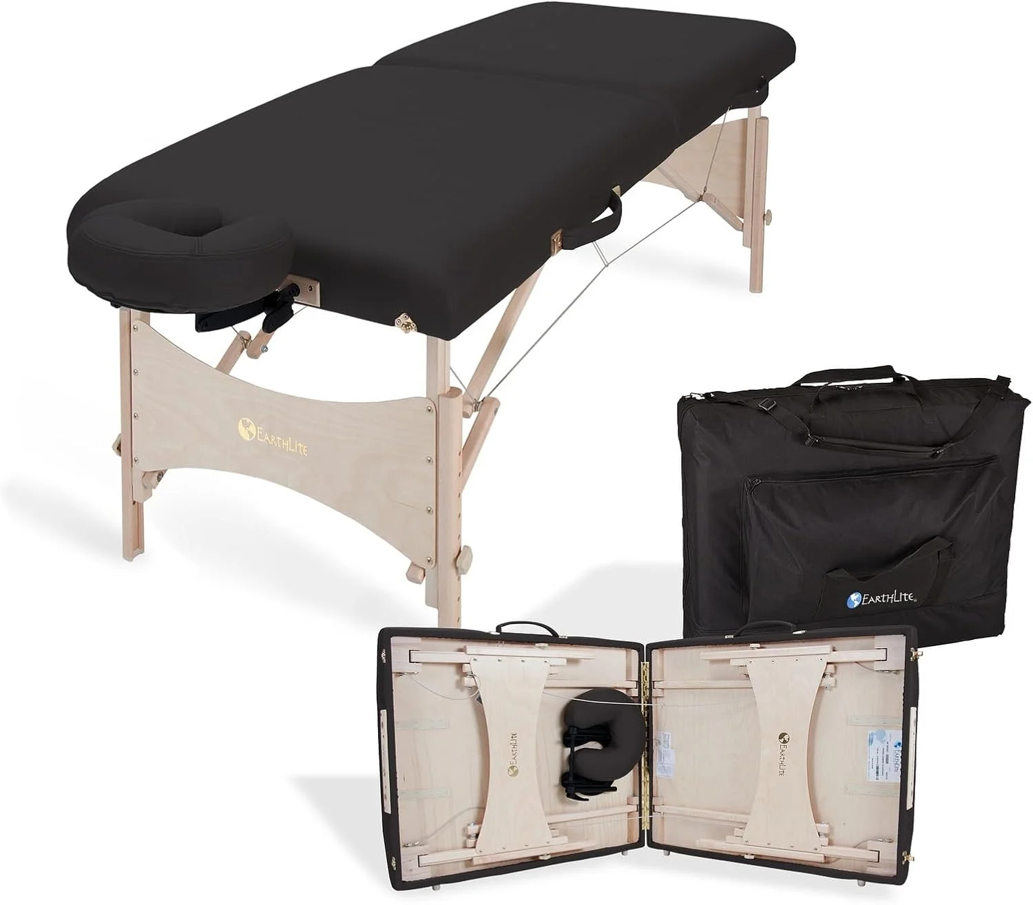 تخت ماساژ قابل حمل EARTHLITE مدل HARMONY DX – تخت تاشو فیزیوتراپی/درمان/کششی، طراحی سازگار با محیط زیست، چوب افرا سخت، راحتی عالی شامل جای صورت و کیف حمل (76x185 سانتی متر)