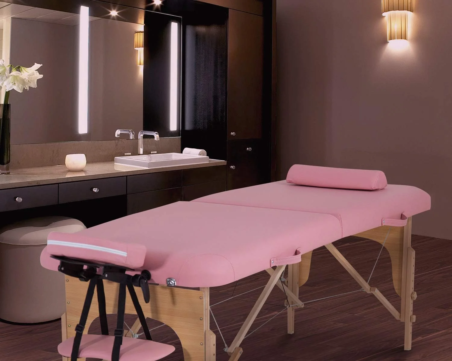 تخت ماساژ قابل حمل، عرض ۷۱ سانتیمتر، تاشو سبک وزن به همراه کیف حمل، با قابلیت تنظیم ارتفاع و دارای جایگاه صورت