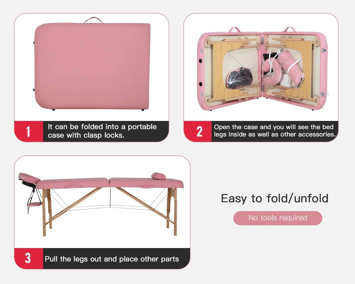 تخت ماساژ قابل حمل، عرض ۷۱ سانتیمتر، تاشو سبک وزن به همراه کیف حمل، با قابلیت تنظیم ارتفاع و دارای جایگاه صورت