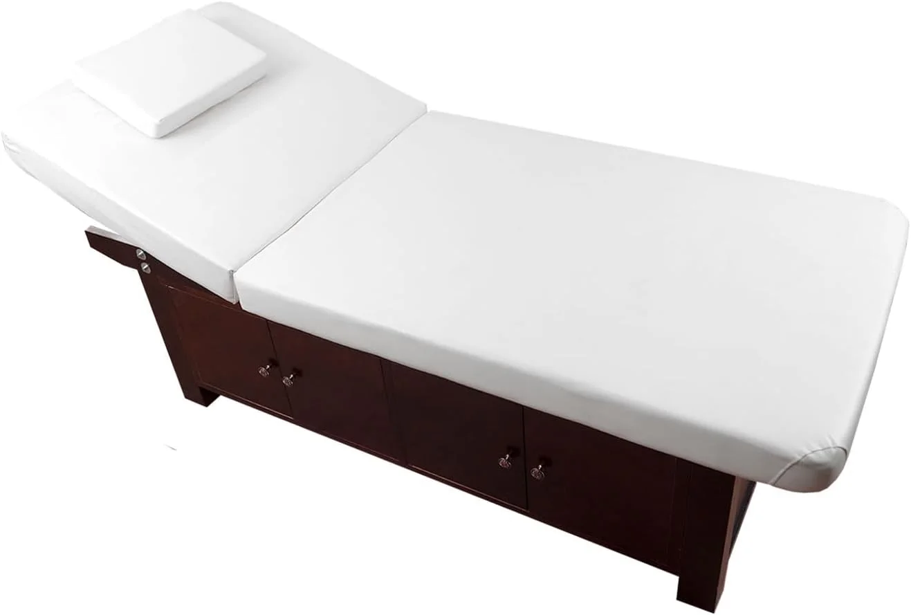 تخت ماساژ چوبی، تخت زیبایی بادوام با پشتی و زیرسری قابل تنظیم - ایده آل برای سالن، اسپا، مراقبت از صورت، زیبایی (سفید)