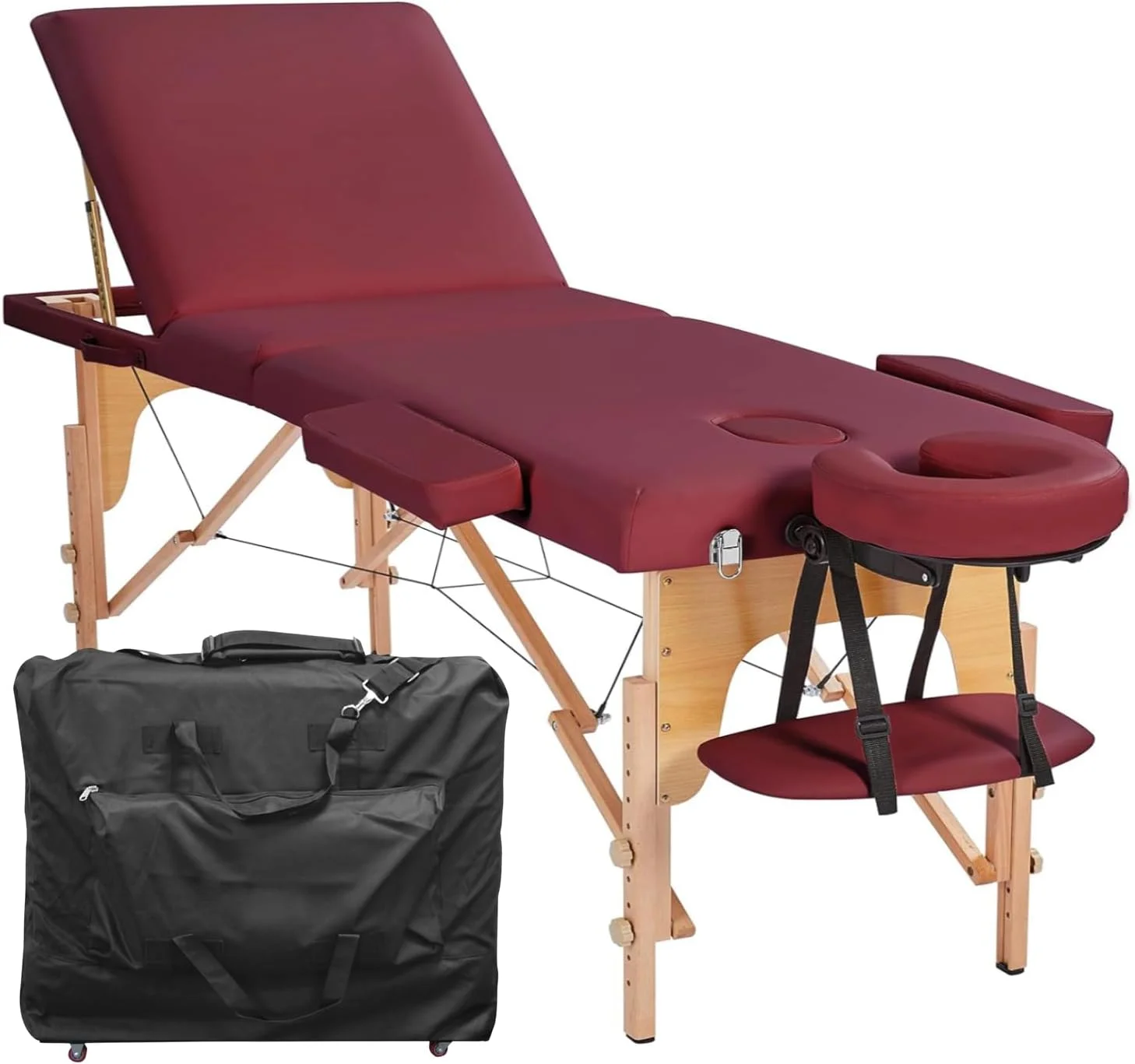تخت ماساژ تاشو حرفه ای قابل حمل 28 اینچی با کیف چرخ دار، تخت سه قسمتی اسپا با پایه های چوبی. طول 184 سانتی متر، عرض 71 سانتی متر، ارتفاع قابل تنظیم از 58 سانتی متر تا 83 سانتی متر، وزن 18.55 کیلوگرم