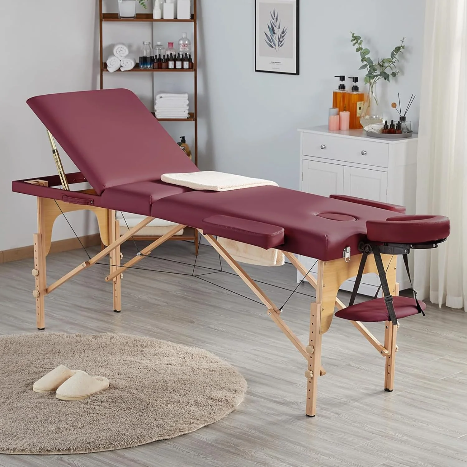 تخت ماساژ تاشو حرفه ای قابل حمل 28 اینچی با کیف چرخ دار، تخت سه قسمتی اسپا با پایه های چوبی. طول 184 سانتی متر، عرض 71 سانتی متر، ارتفاع قابل تنظیم از 58 سانتی متر تا 83 سانتی متر، وزن 18.55 کیلوگرم