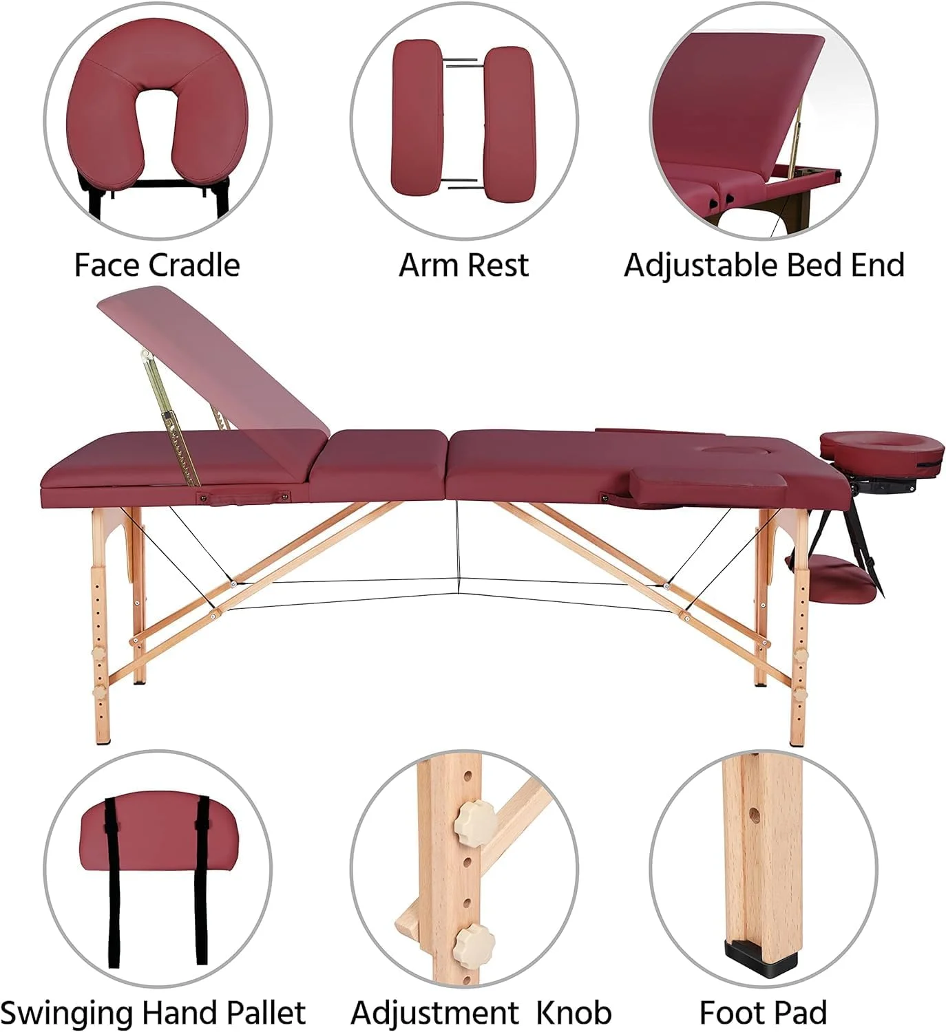 تخت ماساژ تاشو حرفه ای قابل حمل 28 اینچی با کیف چرخ دار، تخت سه قسمتی اسپا با پایه های چوبی. طول 184 سانتی متر، عرض 71 سانتی متر، ارتفاع قابل تنظیم از 58 سانتی متر تا 83 سانتی متر، وزن 18.55 کیلوگرم