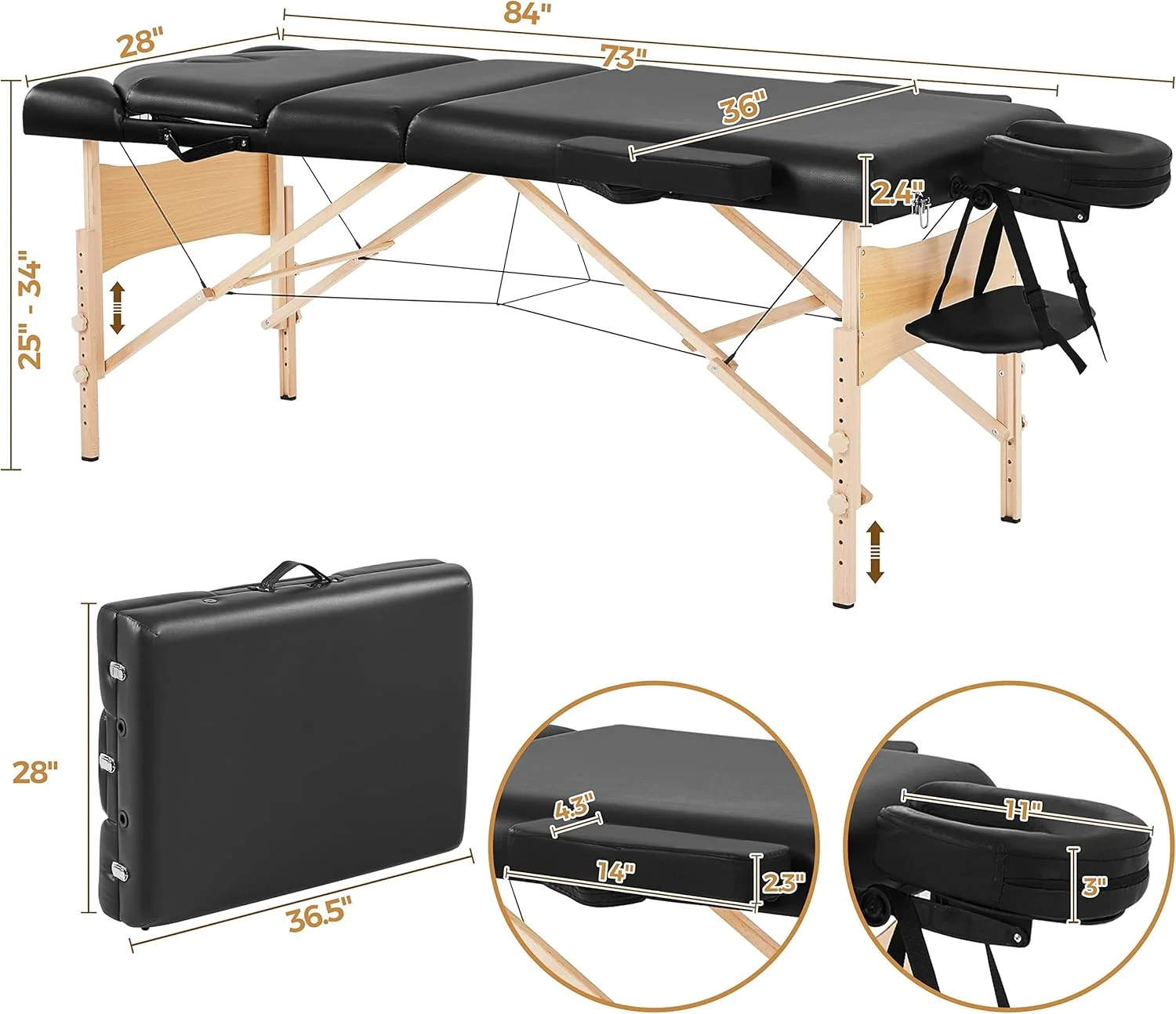 تخت ماساژ تاشو قابل حمل یاتک با بالش و کیف حمل، مناسب برای زیبایی و تتو - مشکی