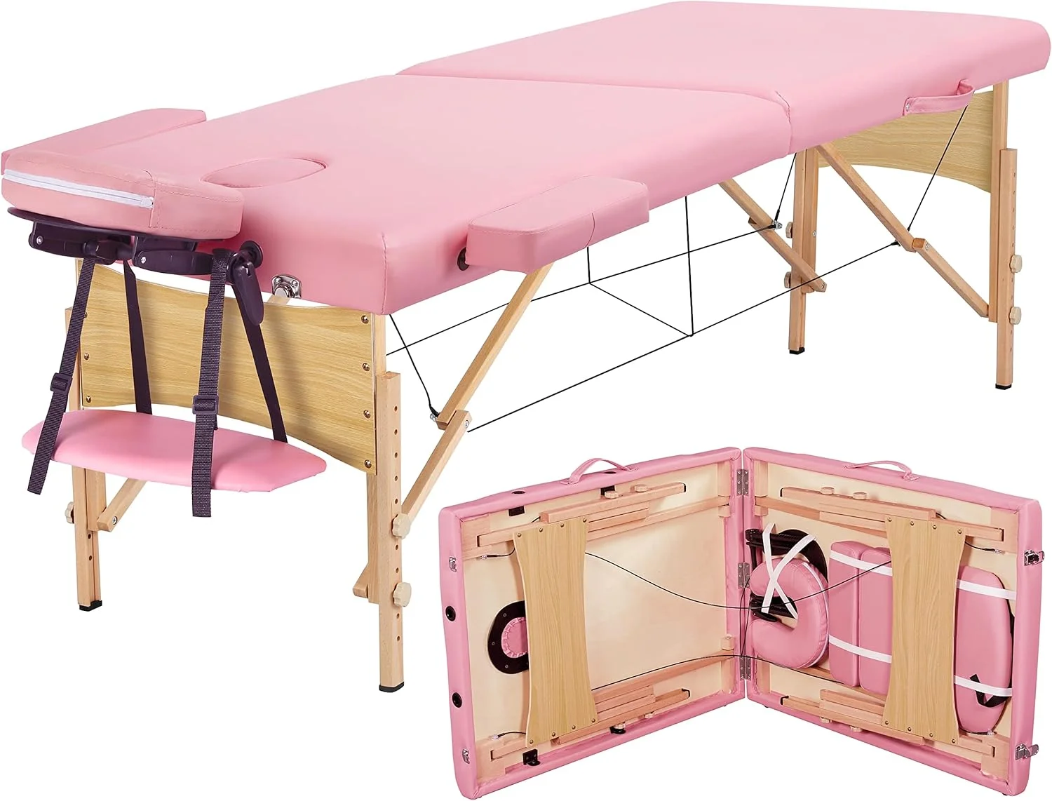 تخت ماساژ قابل حمل Yaheetech، تخت مژه، تخت اسپا، مبل ماساژ تاشو، میزهای اسپا قابل تنظیم، 2 تاشو با کیف نبافته، 28 اینچ، صورتی