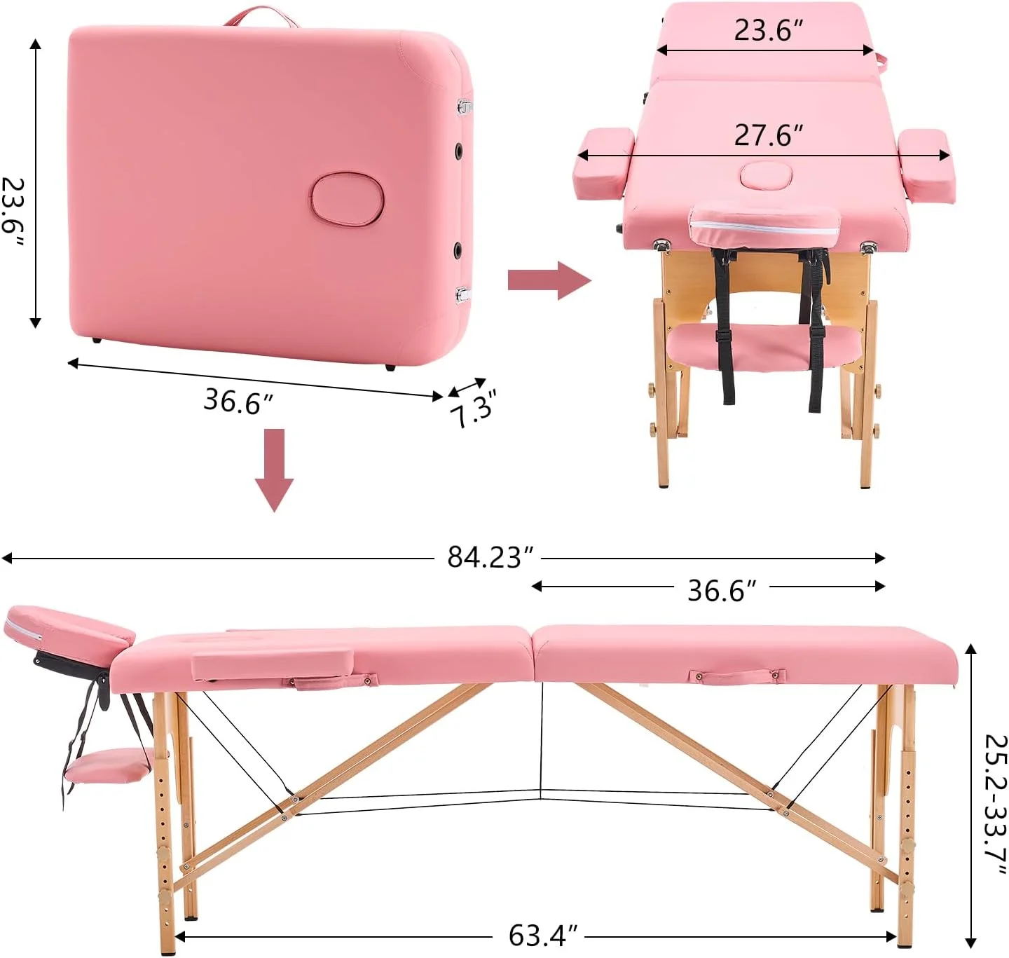 تخت ماساژ قابل حمل یونیک، تاشو، سبک وزن، با قابلیت تنظیم ارتفاع، مناسب برای مژه، فیشیال، تتو، اسپا، فیزیوتراپی، استفاده خانگی و سالن، با فریم چوبی صورتی و لوازم جانبی