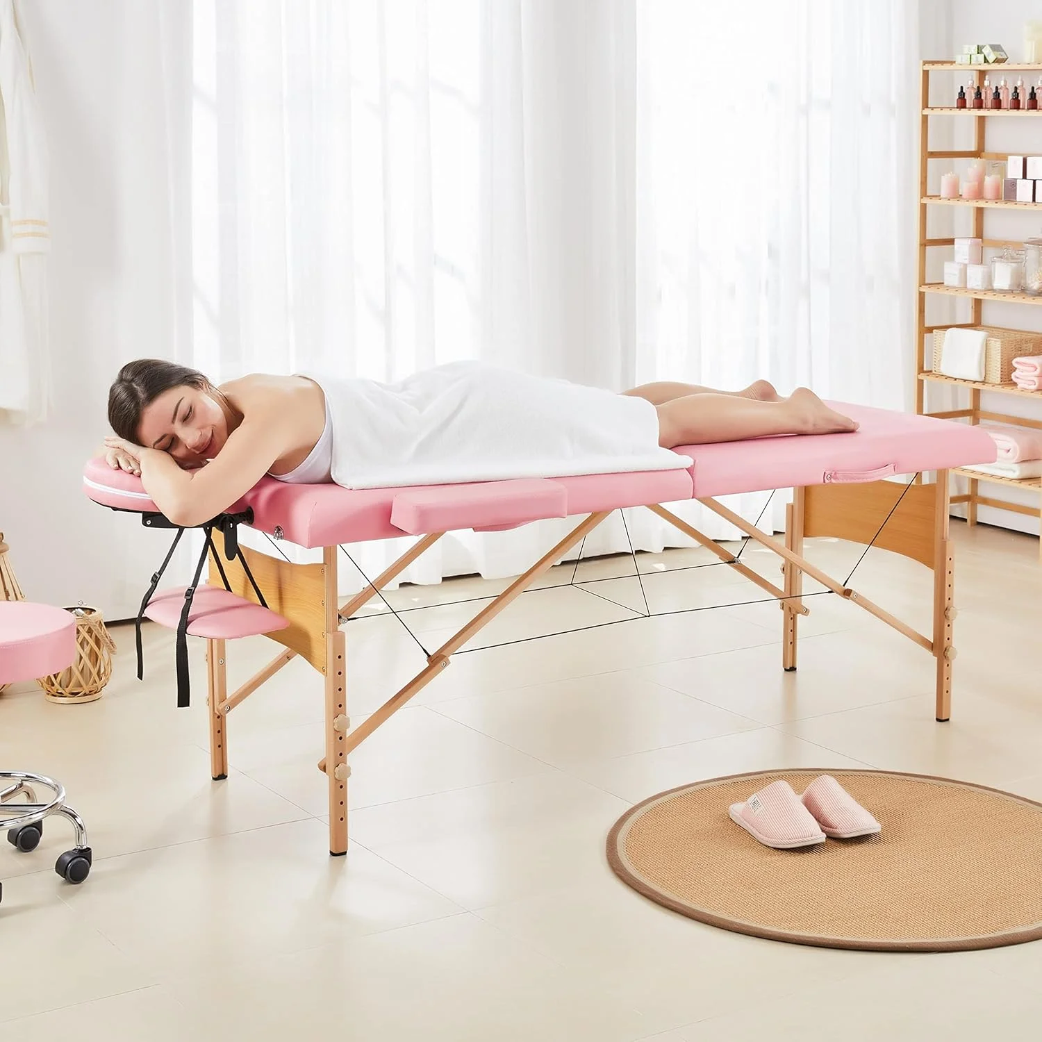 تخت ماساژ قابل حمل Yaheetech، تخت مژه، تخت اسپا، مبل ماساژ تاشو، میزهای اسپا قابل تنظیم، 2 تاشو با کیف نبافته، 28 اینچ، صورتی