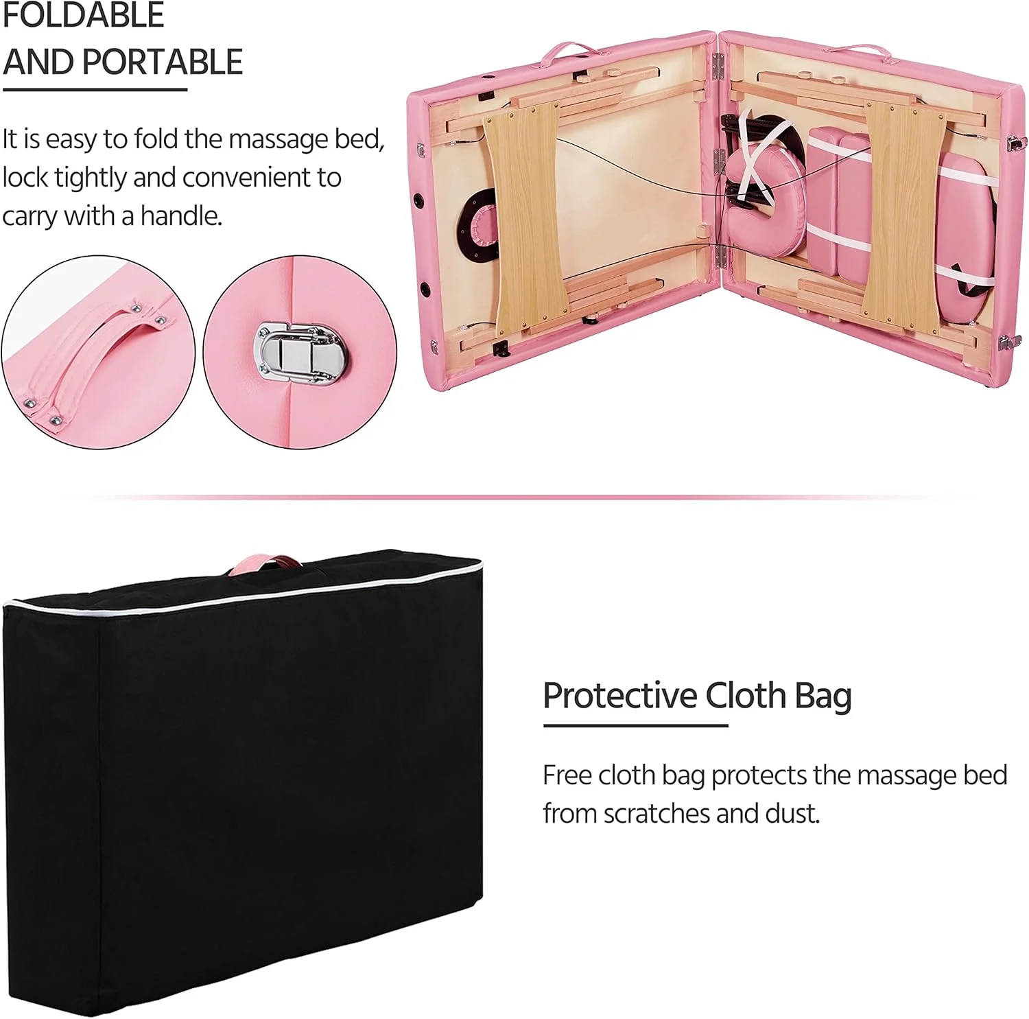 تخت ماساژ قابل حمل Yaheetech، تخت مژه، تخت اسپا، مبل ماساژ تاشو، میزهای اسپا قابل تنظیم، 2 تاشو با کیف نبافته، 28 اینچ، صورتی