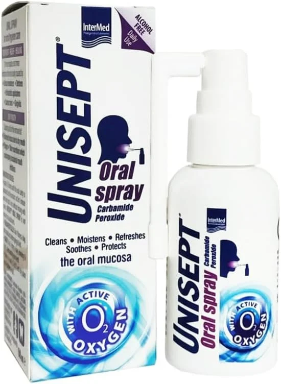 اسپری دهانی اینترمِد یونی‌سپت – 50 میلی‌لیتر – فرمول اکسیژن فعال برای بهداشت دهان، تنفس تازه و تسکین ناراحتی دهان