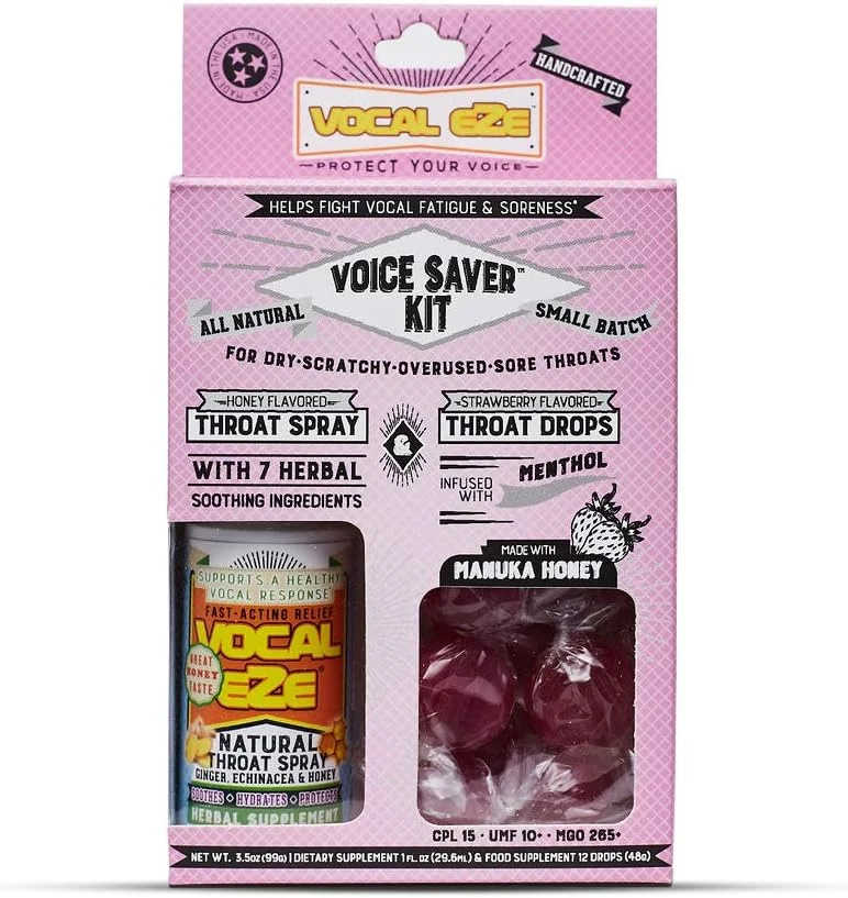مجموعه محافظ صدا Vocal Eze، شامل اسپری گیاهی گلو (1 عدد) و (12 عدد) قطره عسل مانوکا | تسکین دهنده درد، گرفتگی، خستگی و خشکی گلو | تقویت سیستم ایمنی، مواد طبیعی (توت فرنگی)