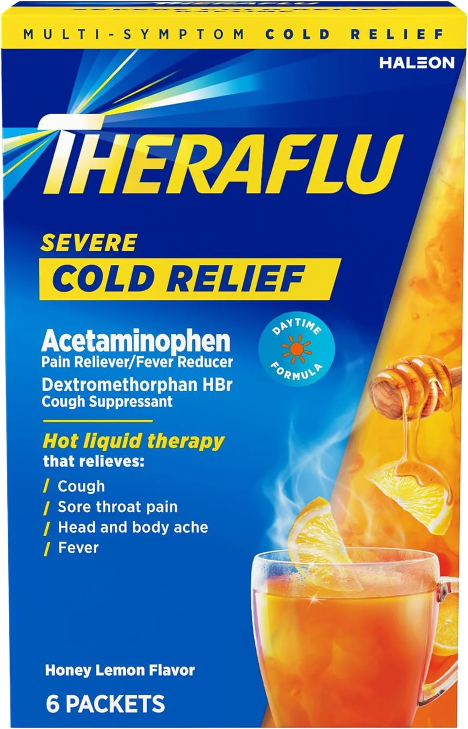 پودر تسکین دهنده سرماخوردگی شدید روزانه Theraflu، طعم لیمو عسلی، 6 عدد
